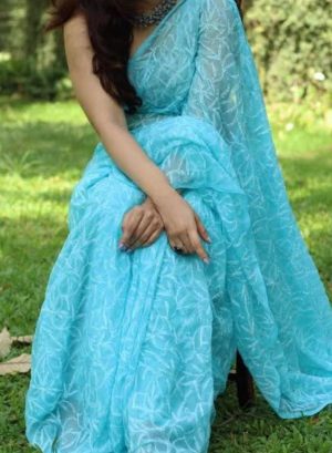 Arham Chikan Hand Embroidered Lucknowi Chikankari Georgette Tepchi Work Saree