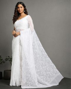 Arham Chikan Hand Embroidered Lucknowi Chikankari Georgette Tepchi Work Saree