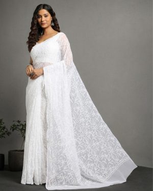 Arham Chikan Hand Embroidered Lucknowi Chikankari Georgette Tepchi Work Saree