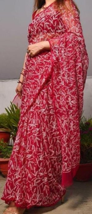 Arham Chikan Hand Embroidered Lucknowi Chikankari Georgette Tepchi Work Saree