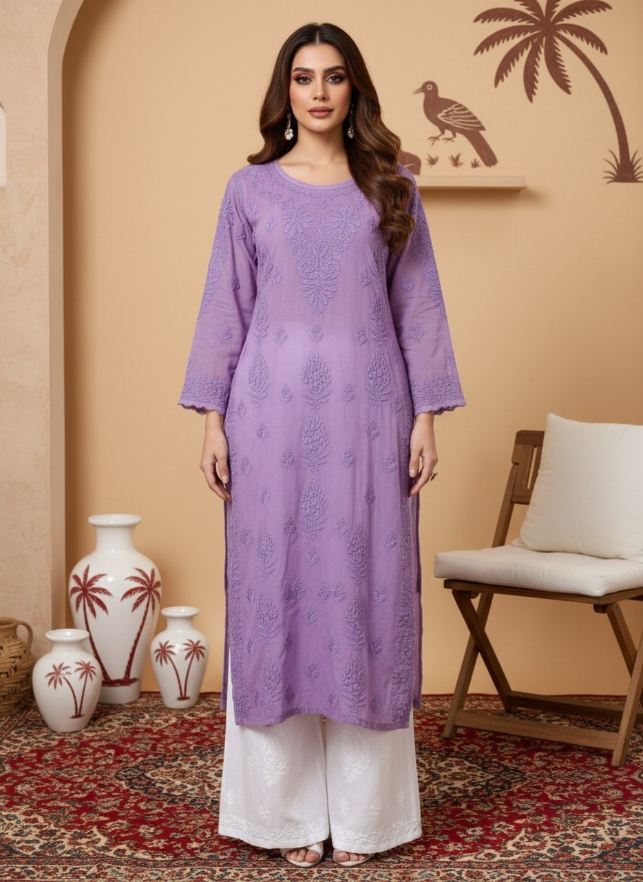 Arham Chikan Hand Embroidered Mul Chanderi Lucknowi Chikankari Kurta-