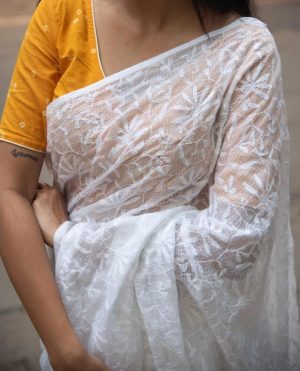 Arham Chikan Hand Embroidered Lucknowi Chikankari Pure Cotton Kota Tepchi Work Saree
