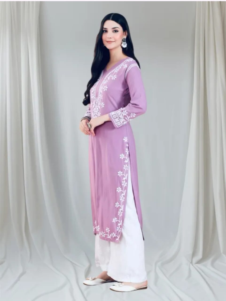 Arham Chikan Hand Embroidered Reyon Cotton Lucknowi Chikankari Kurta- - Image 2