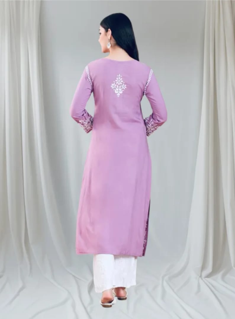 Arham Chikan Hand Embroidered Reyon Cotton Lucknowi Chikankari Kurta- - Image 5