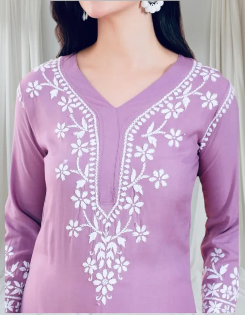 Arham Chikan Hand Embroidered Reyon Cotton Lucknowi Chikankari Kurta- - Image 4